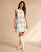 Blue Gingham Bird Mini Dress | Coastal Picnic Pocket Dress