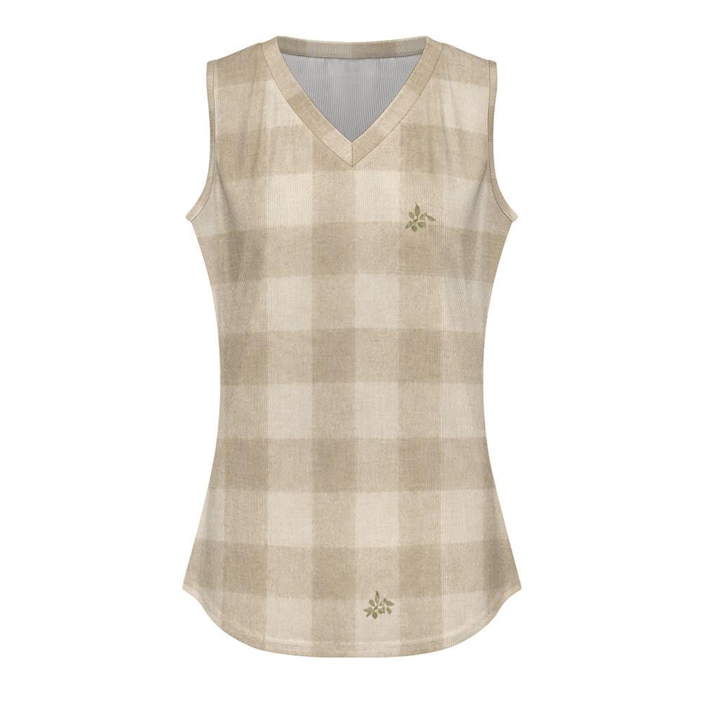 Neutral Gingham V-Neck Top | Minimalist Coastal Tank Blouse