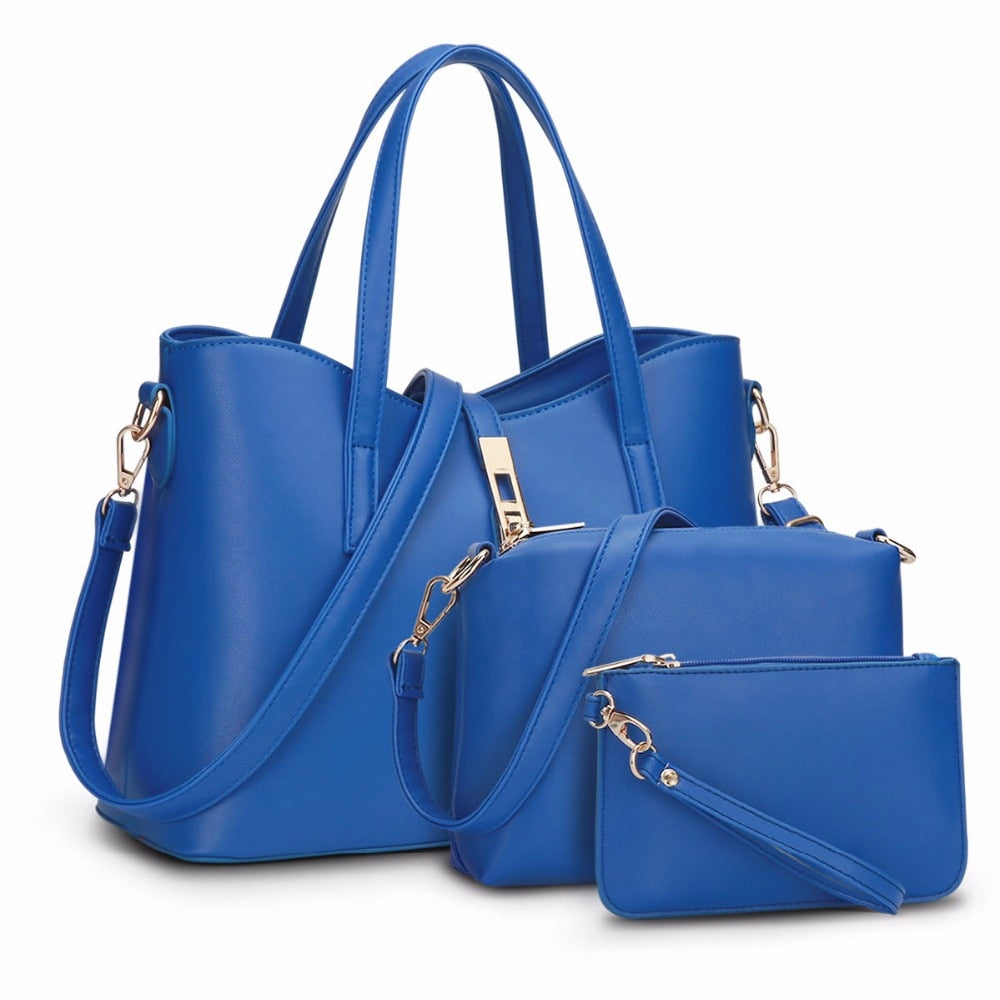 Women's three-piece PU handbag set with top-handle bag, crossbody and pouch