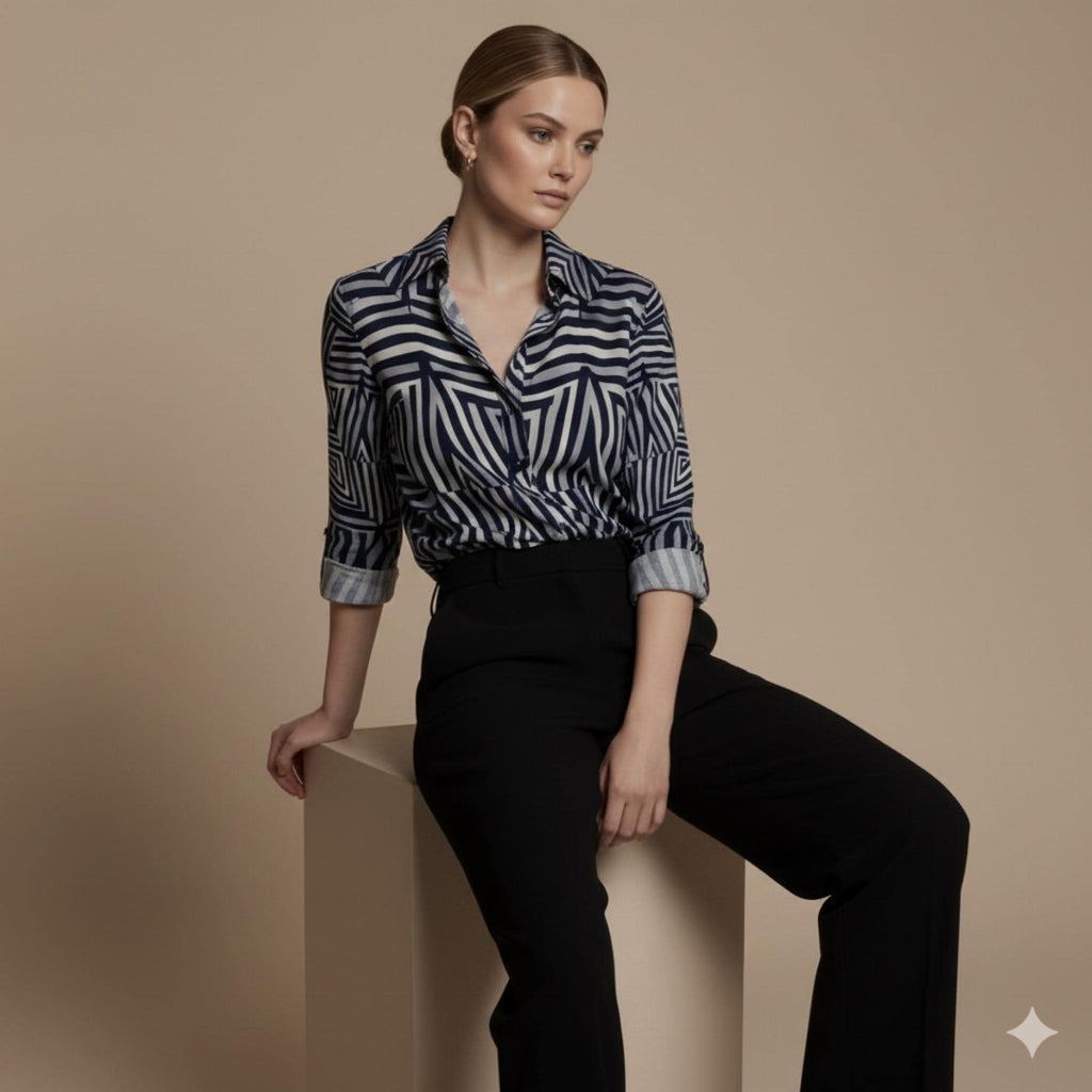 Navy Geometric Button-Down Shirt | Quiet Luxury Artwear Blouse