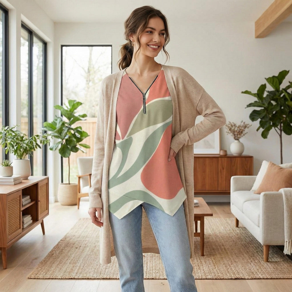 Abstract Leaf Zipper Blouse | V-Neck Linen-Look Tunic