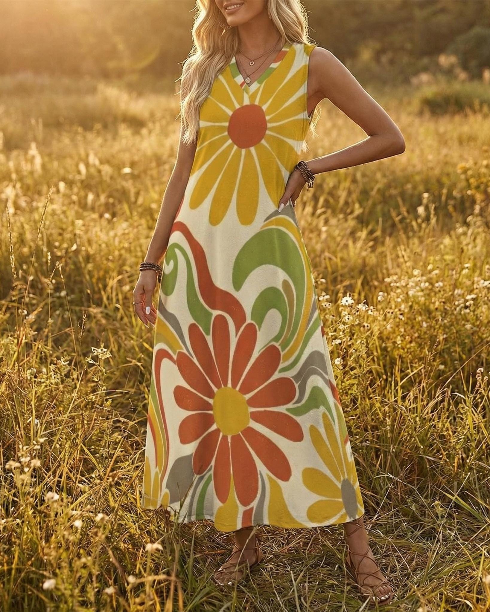 Retro Floral Maxi Dress | Boho Sleeveless Summer Dress