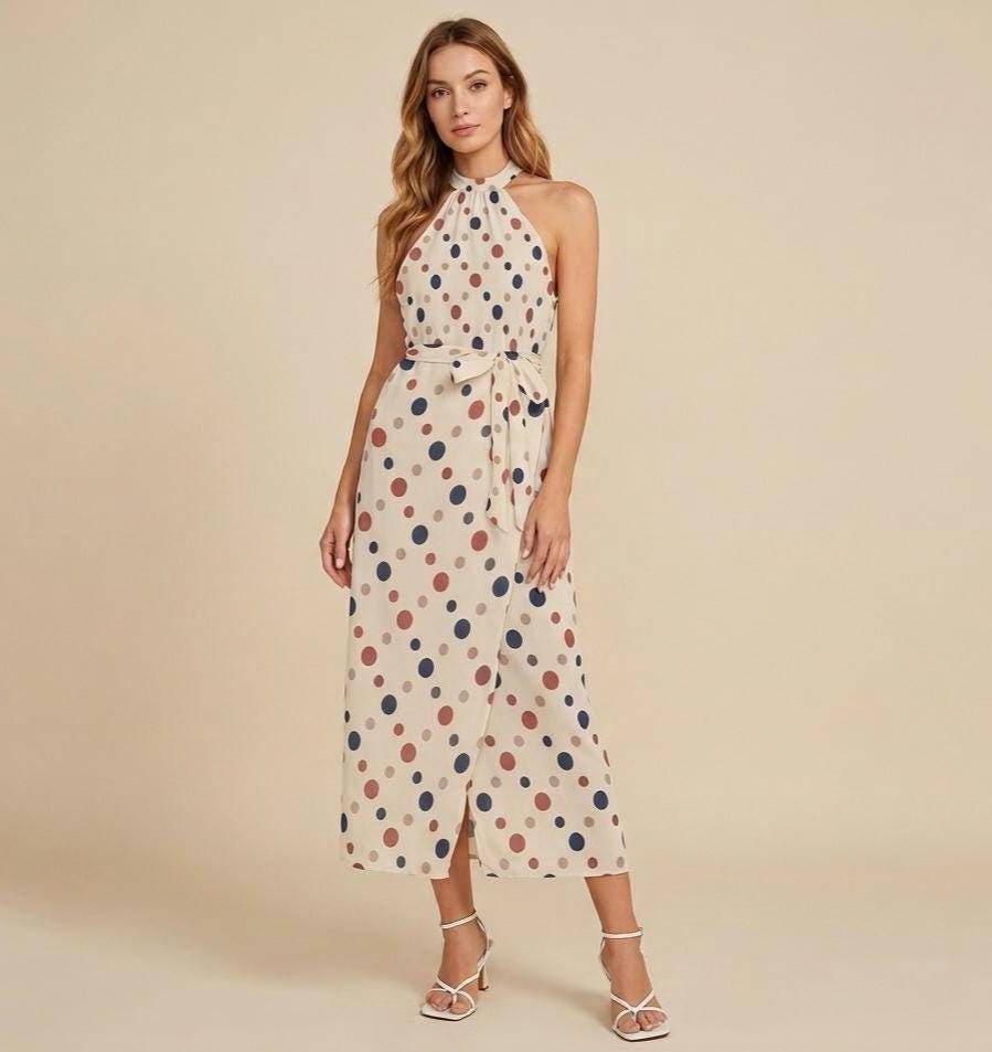 Polka Dot Halter Maxi Dress | Elegant Vacation Wedding Guest Dress