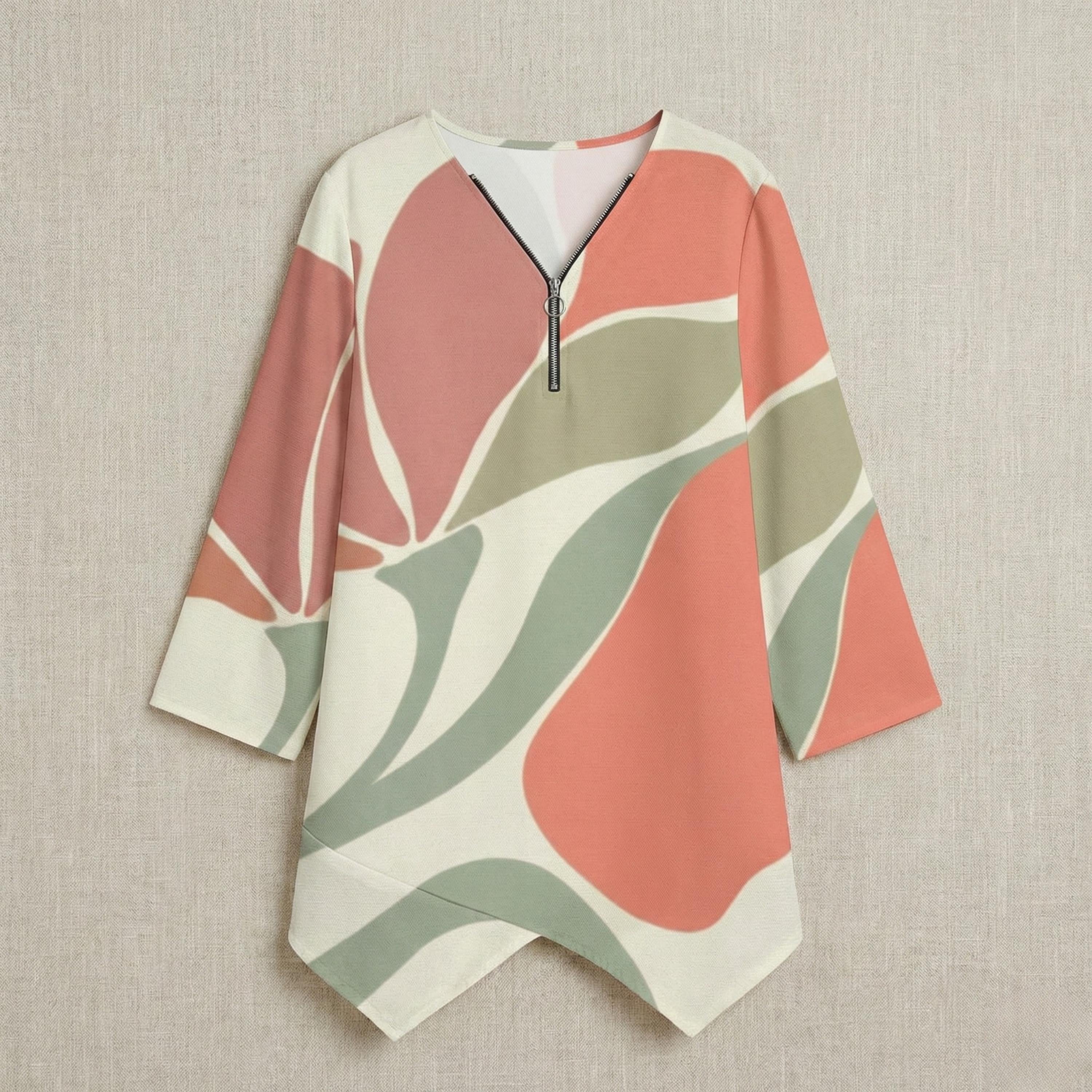 Abstract Leaf Zipper Blouse | V-Neck Linen-Look Tunic