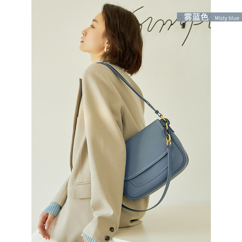 Women's cowhide leather saddle bag in blue, white or yellow