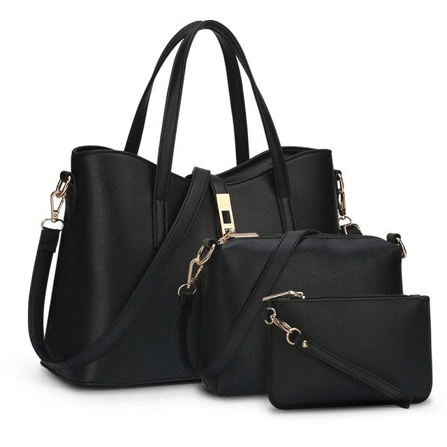 Women's three-piece PU handbag set with top-handle bag, crossbody and pouch