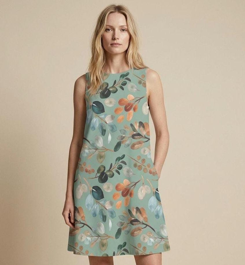 Sage Green Botanical A-Line Mini Dress | Watercolor Leaf Pocket Dress