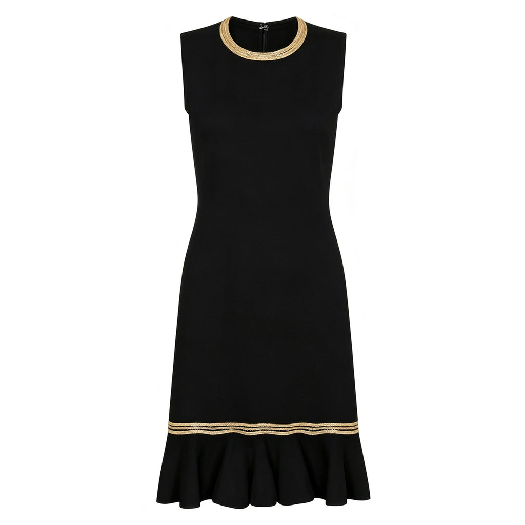 Gold-Trim Sleeveless Flounce-Hem Midi Dress