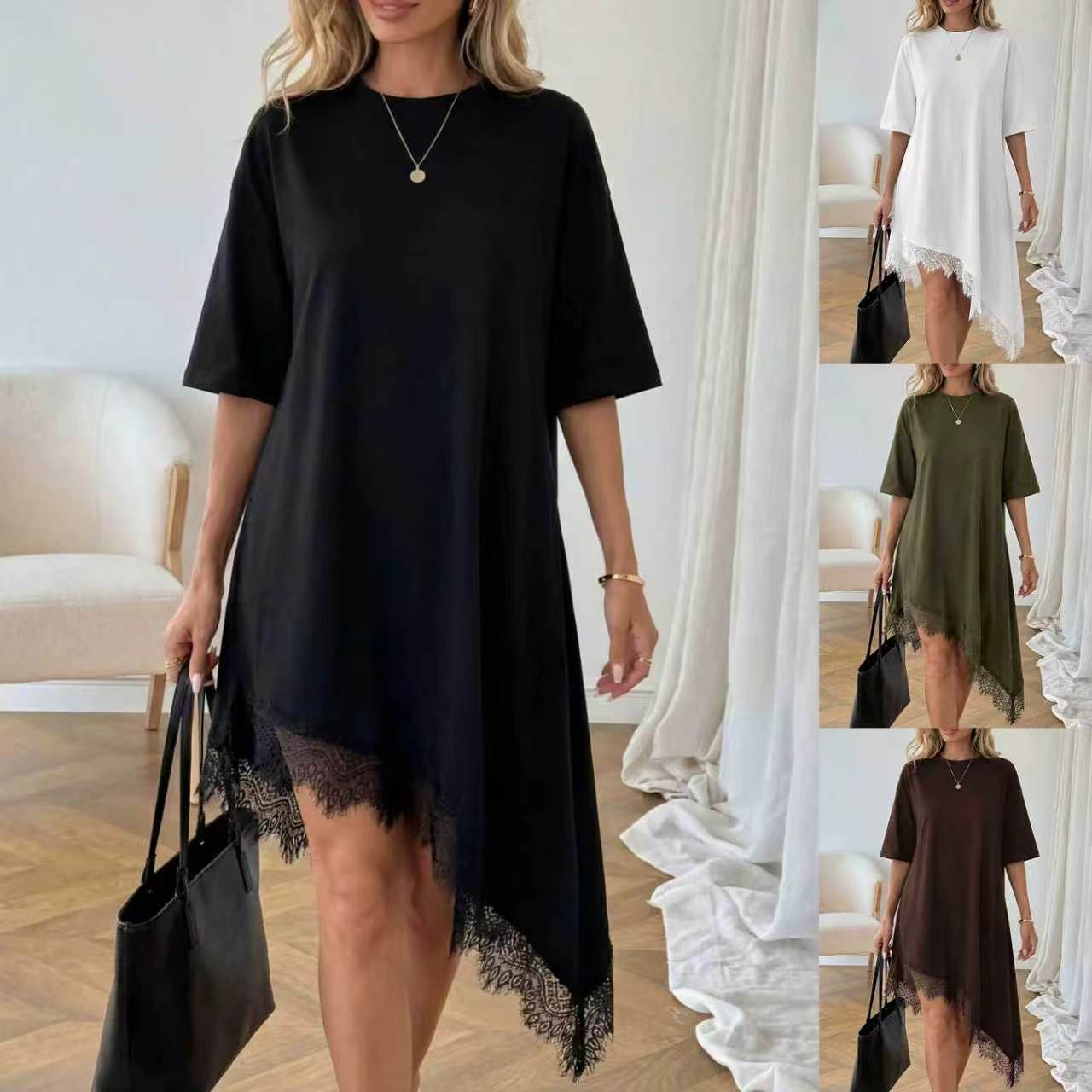 Relaxed Round-Neck Short-Sleeve Midi Dress