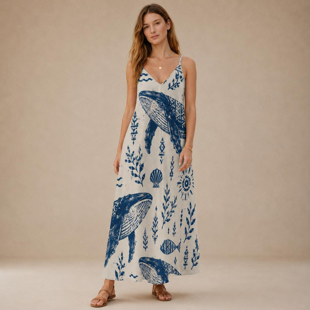 Mediterranean Whale Maxi Dress | Blue White Greek Island Dress