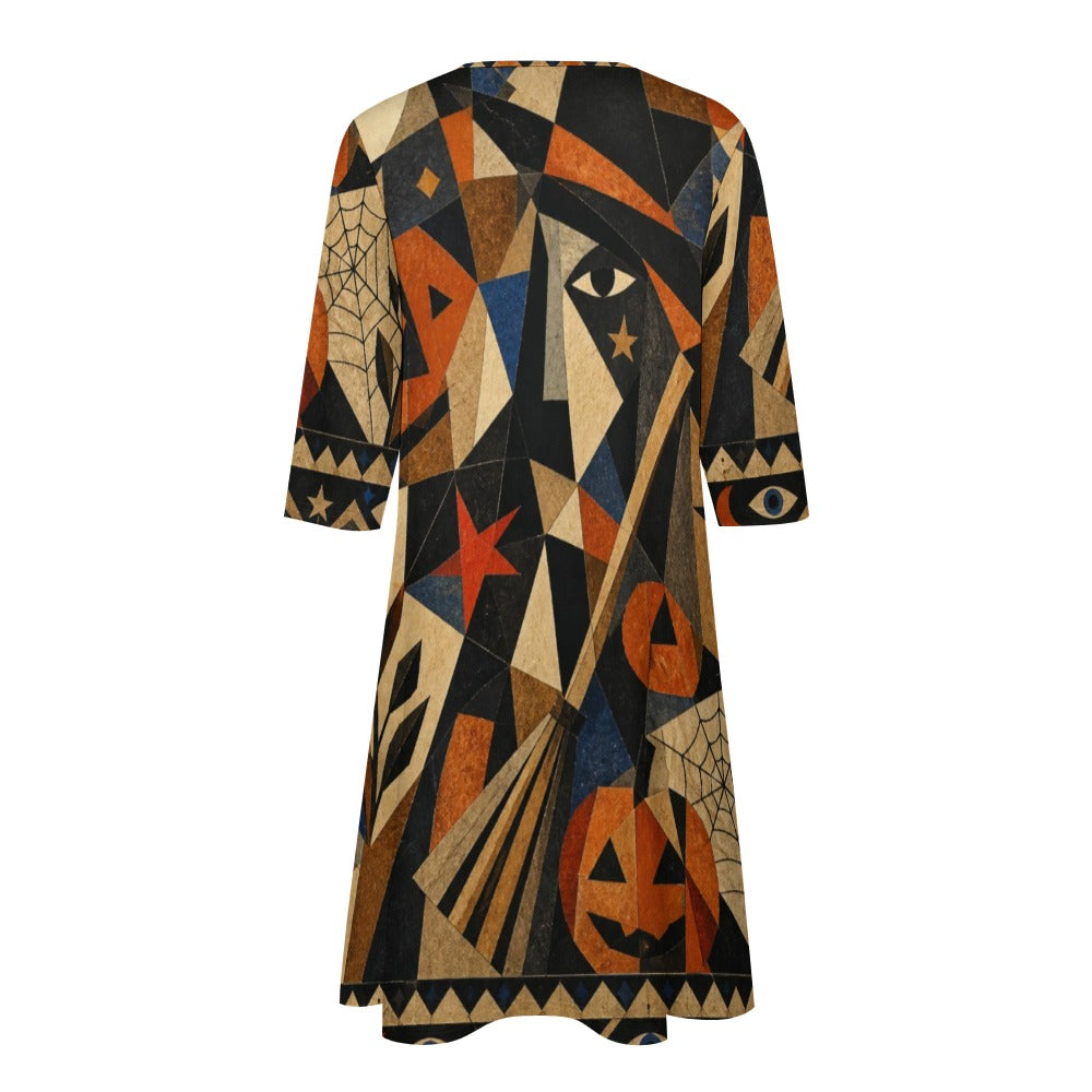 Witchy Geometric 3/4 Sleeve Midi Dress | Orange Black