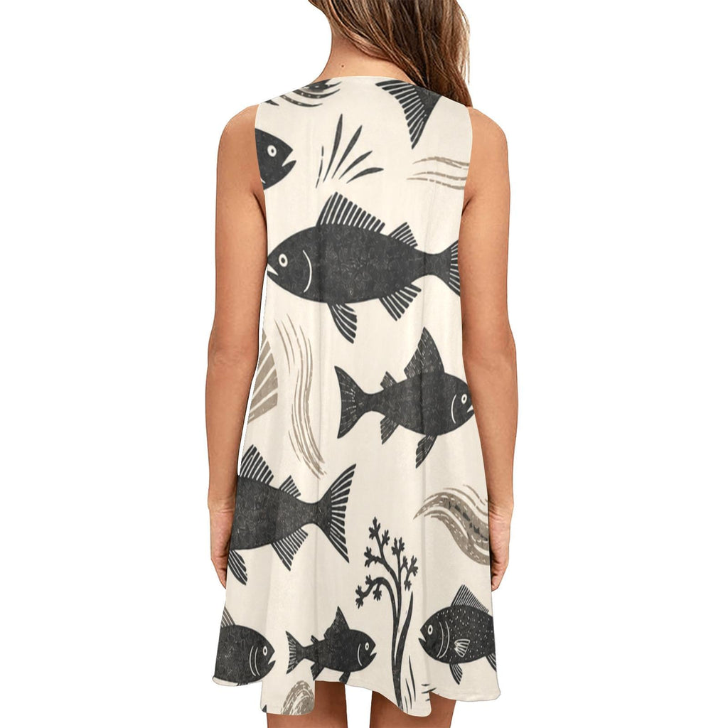 Coastal Fish Print A-Line Dress | Sleeveless Pocket Vacation Dress