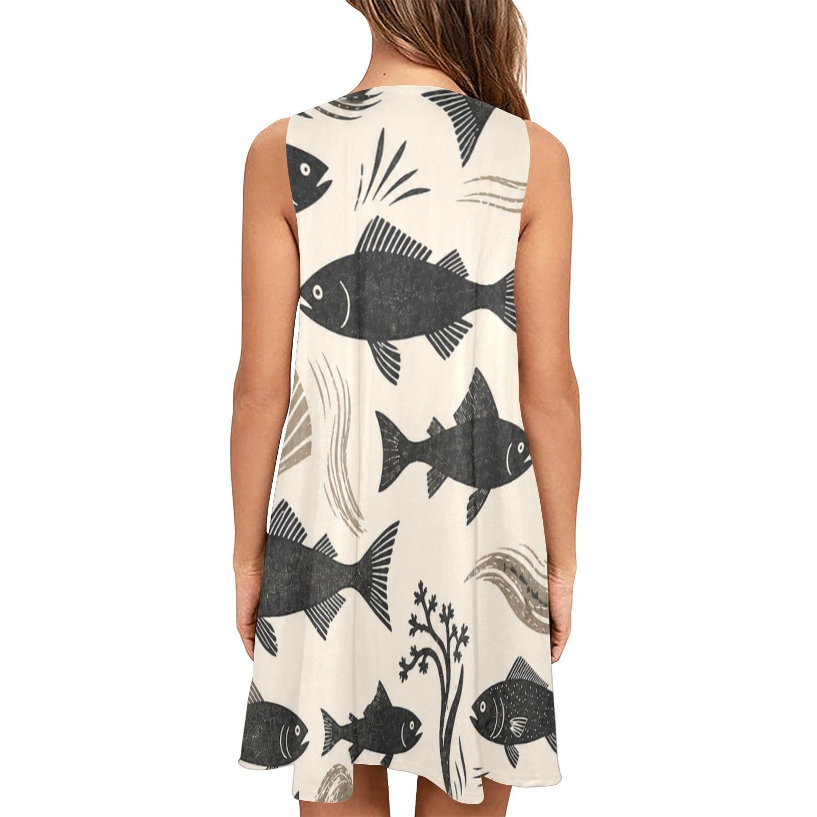 Coastal Fish Print A-Line Dress | Sleeveless Pocket Vacation Dress