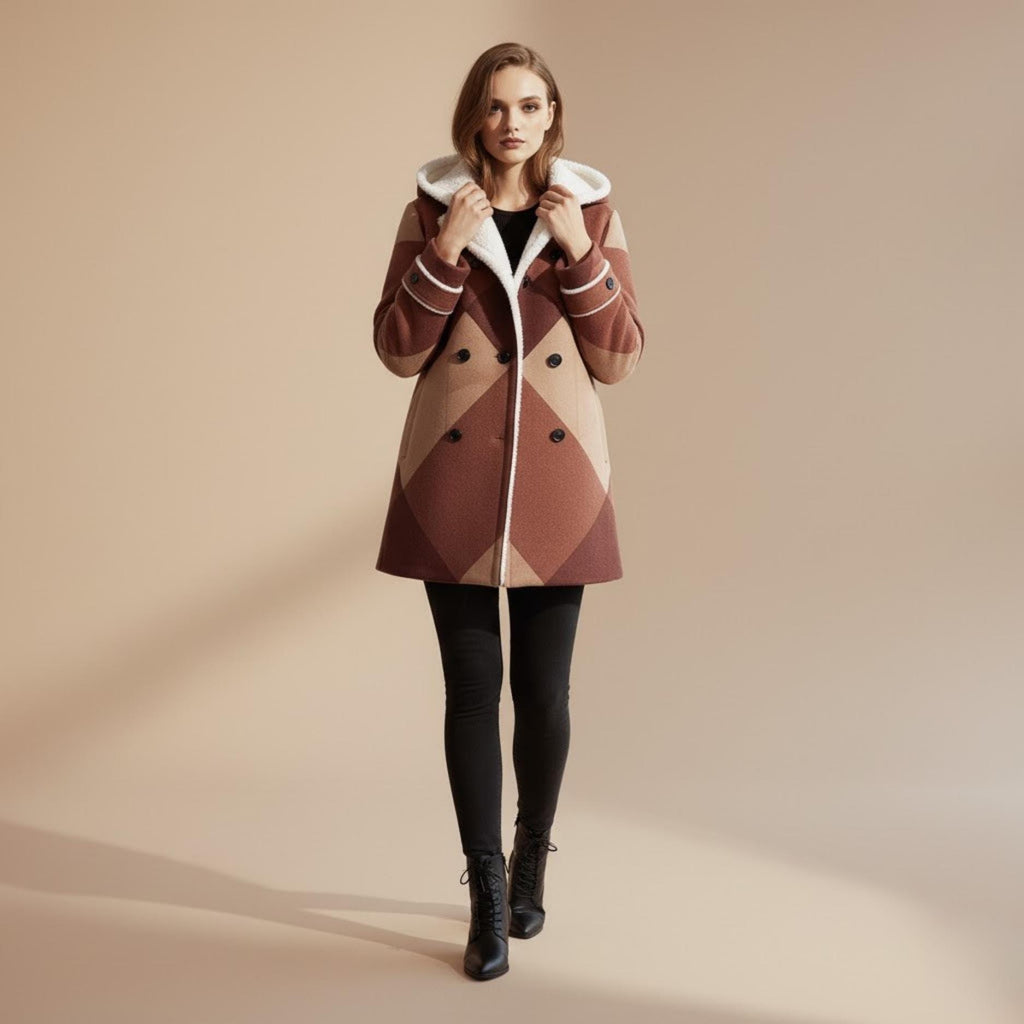 Burgundy Geometric Winter Coat | Fleece-Lined Quiet Luxury Jacket