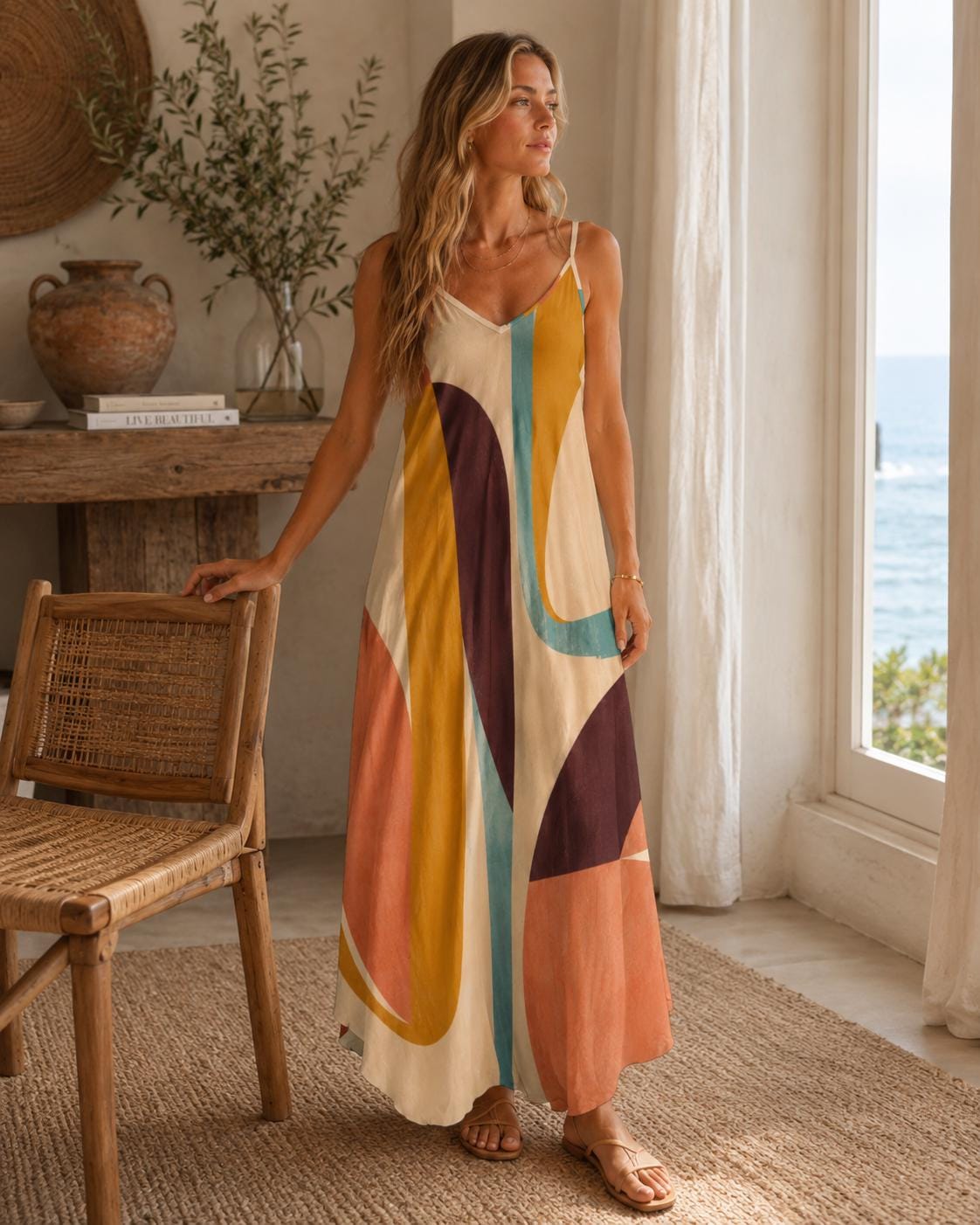 Retro Abstract Maxi Dress | 70s Geometric Resort Vacation Dress