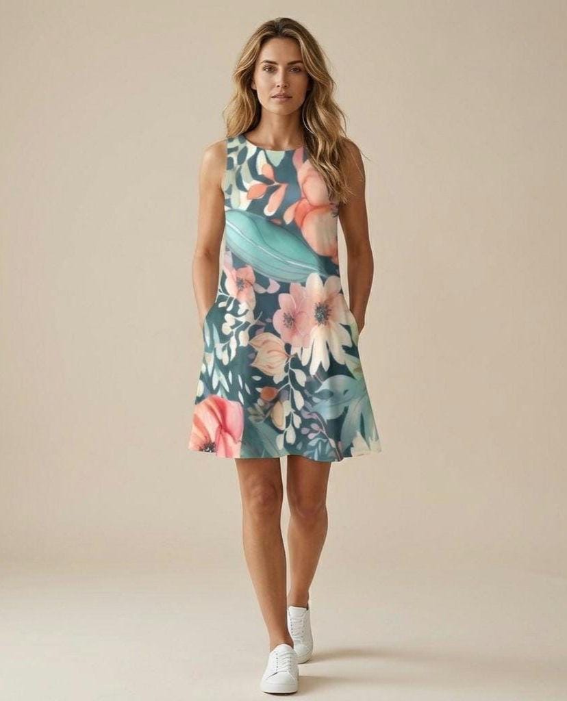 Botanical Floral A-Line Dress | Sleeveless Summer Dress with Pockets