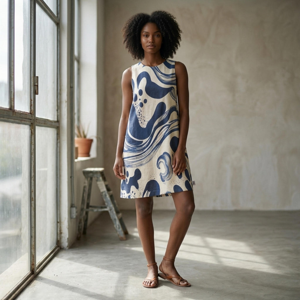 Blue Abstract Wave Mini Dress | Coastal A-Line Pocket Dress