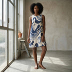 Blue Abstract Wave Mini Dress | Coastal A-Line Pocket Dress