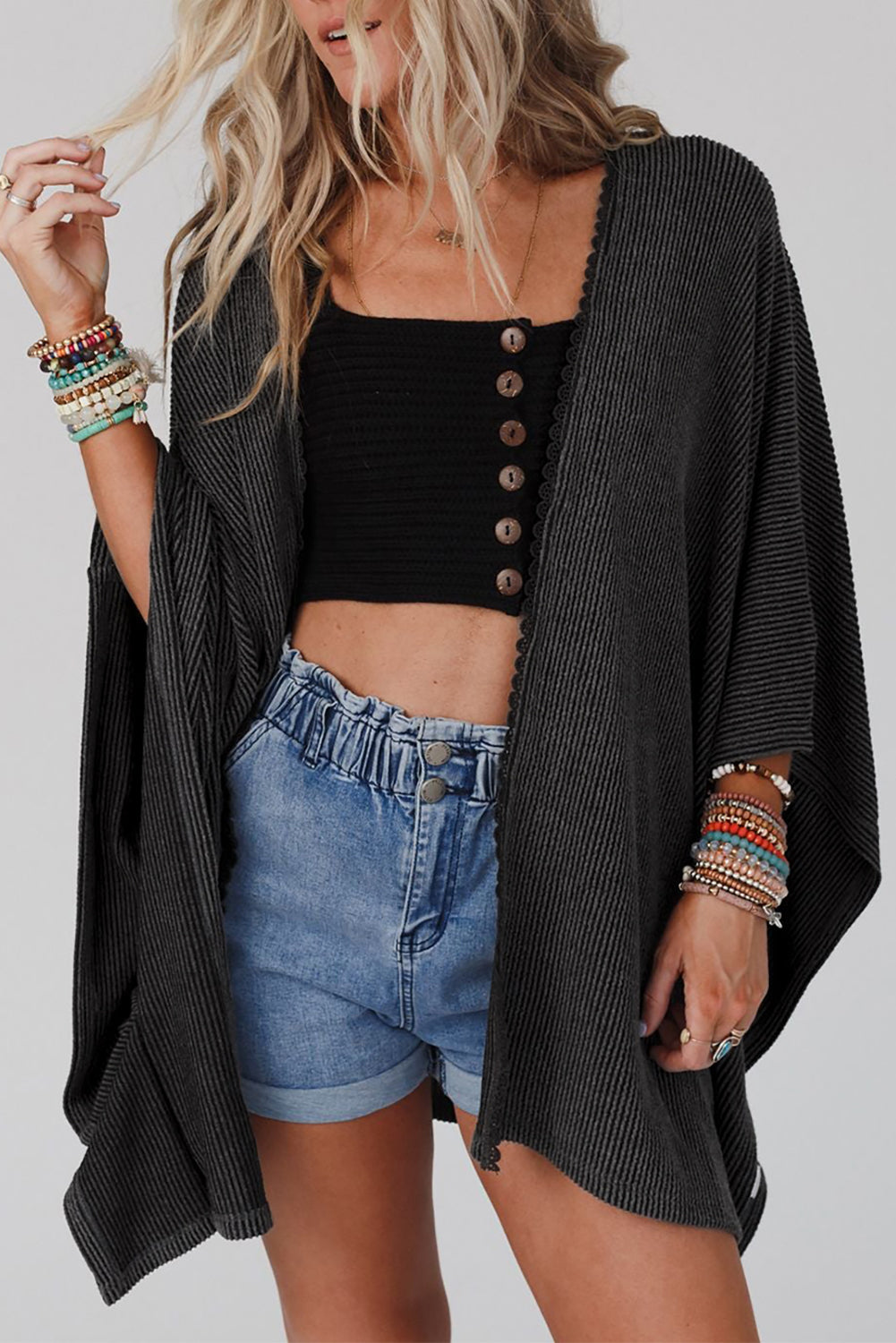 Lace-trim women's kimono cardigan in black and apricot options