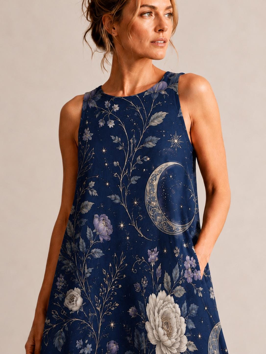 Celestial Moon A-Line Dress | Navy Floral Mystic Pocket Dress