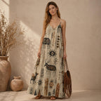 Tribal Art Maxi Dress | Earth Tone Boho Resort Sundress