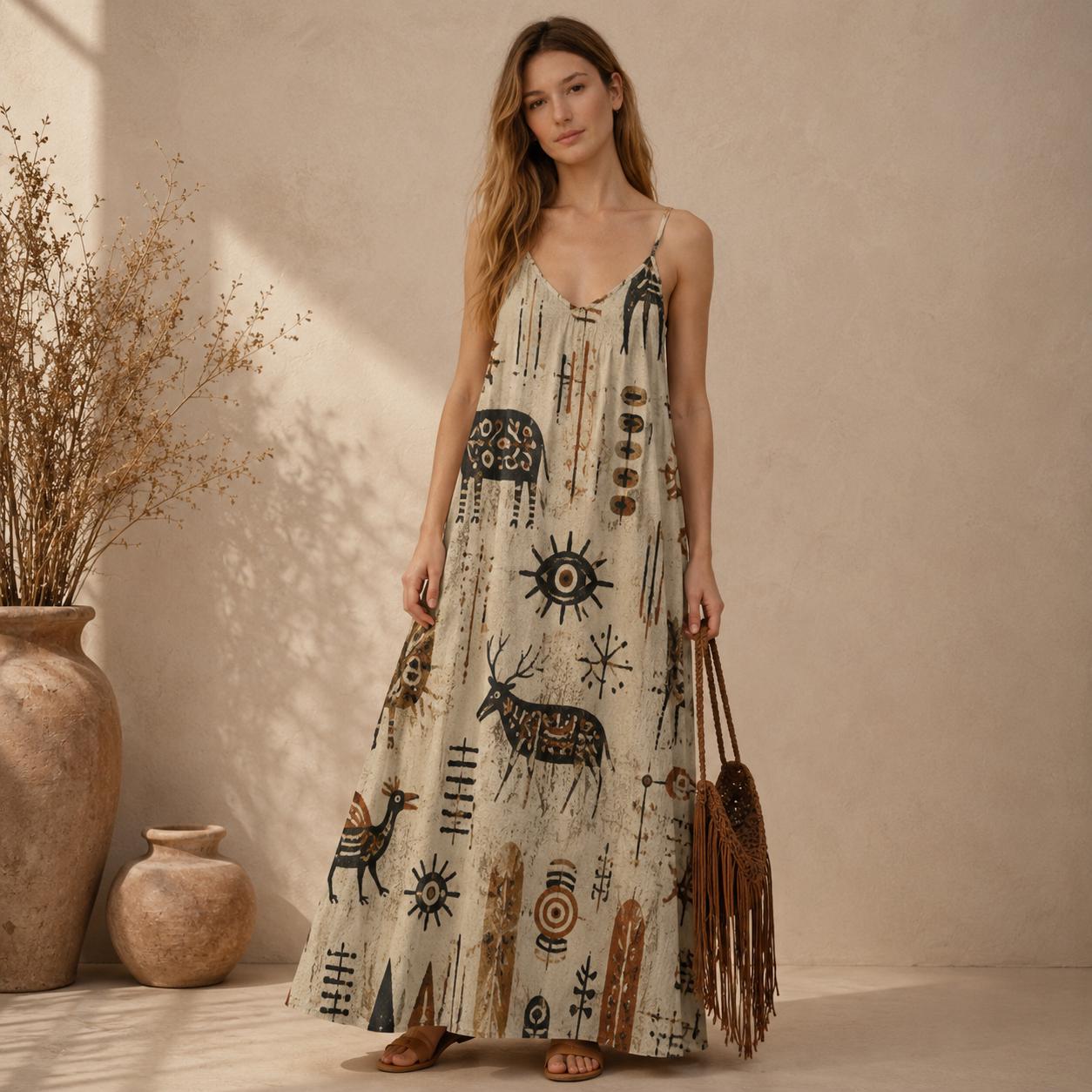 Tribal Art Maxi Dress | Earth Tone Boho Resort Sundress
