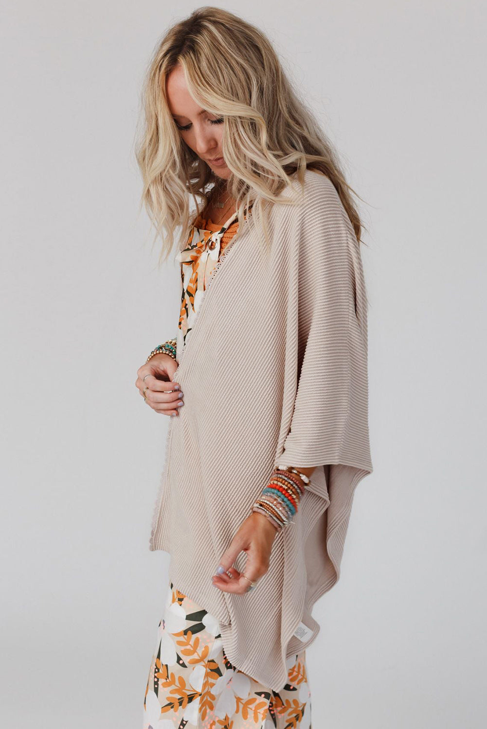 Women's Lace-Trim Ribbed Kimono Cardigan – Black or Apricot