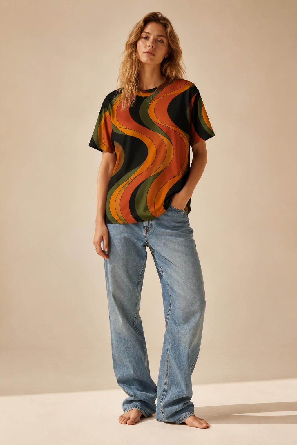 Retro Wave Oversized T-Shirt | 70s Abstract Cotton Tee