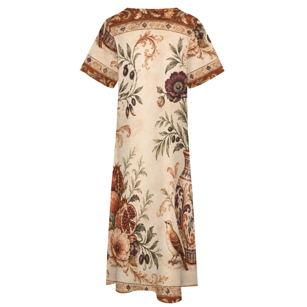 Vintage Medallion 3/4 Sleeve Midi Dress | Ornate Neutral Print