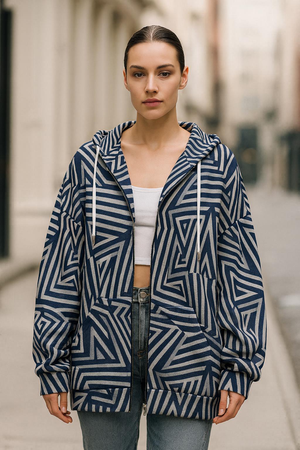 Navy Geometric Maze Zip Hoodie | Abstract Quiet Luxury Streetwear