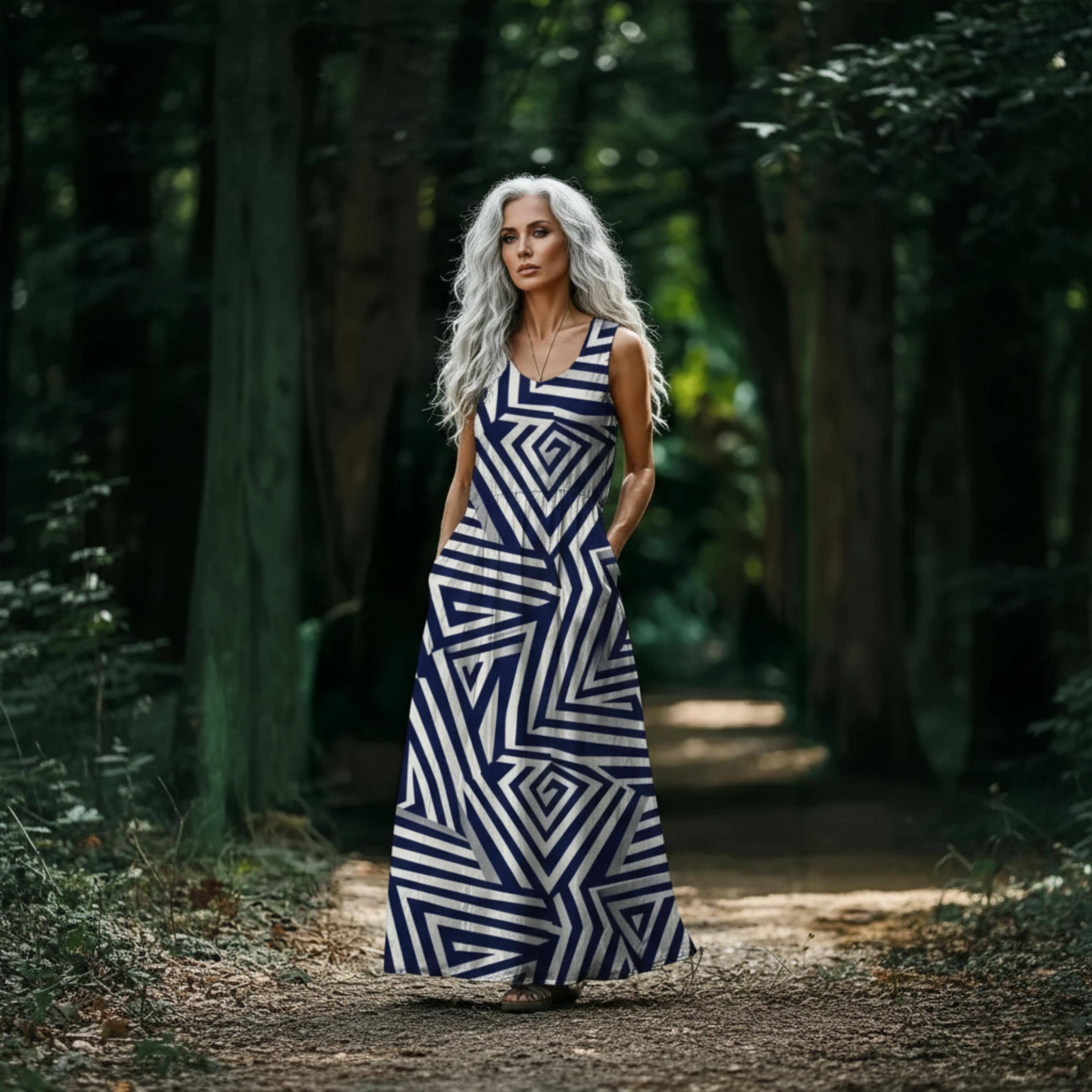 Architectural Monochrome Maxi Dress | Navy Geometric Resort Dress