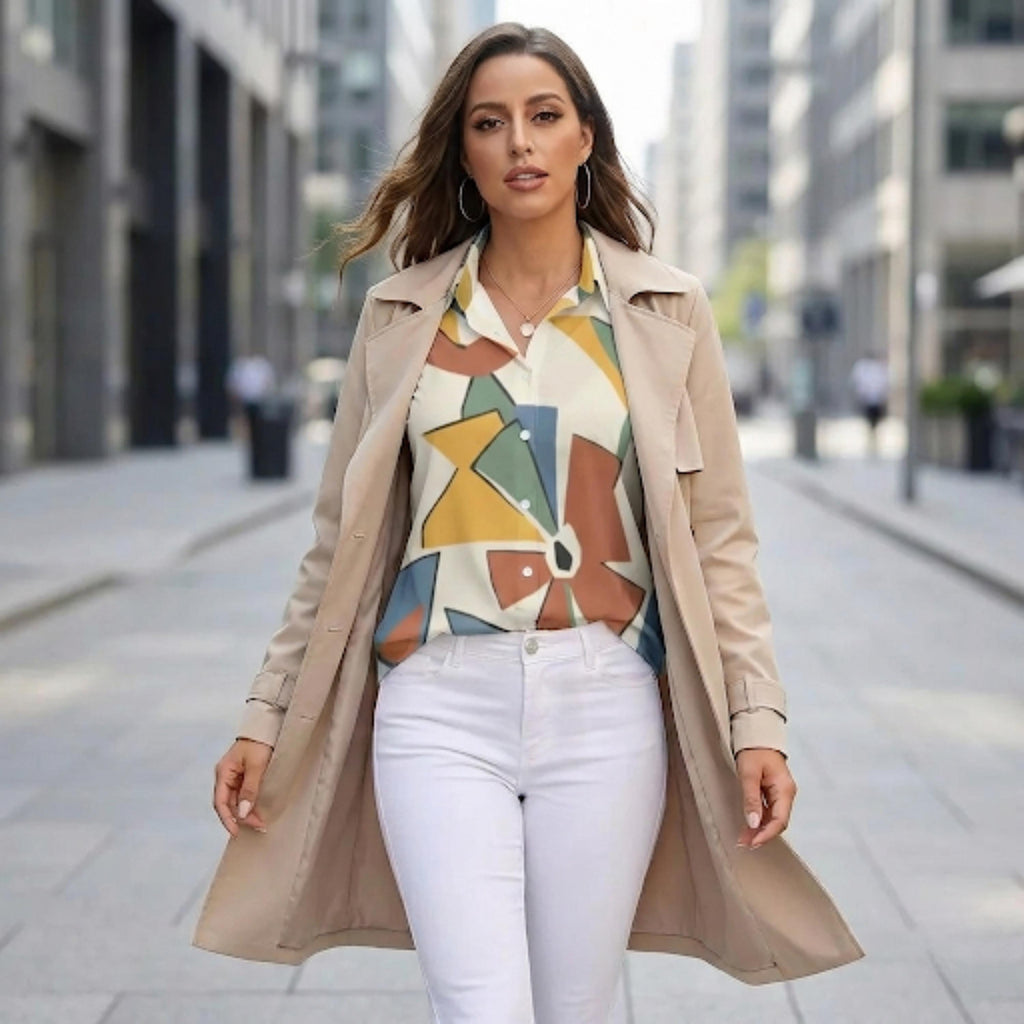 Abstract Geometric Button-Down Blouse | Modern Office Casual Top