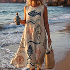 Coastal Fish Cotton Midi Dress | Sleeveless Resort Pocket Dress