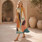 60s Color Block Cotton Midi Dress | Mod A-Line Pocket Dress