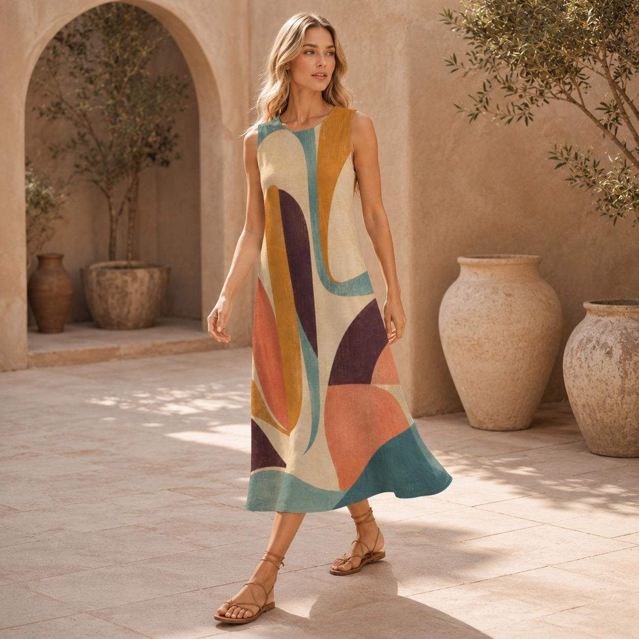 60s Color Block Cotton Midi Dress | Mod A-Line Pocket Dress
