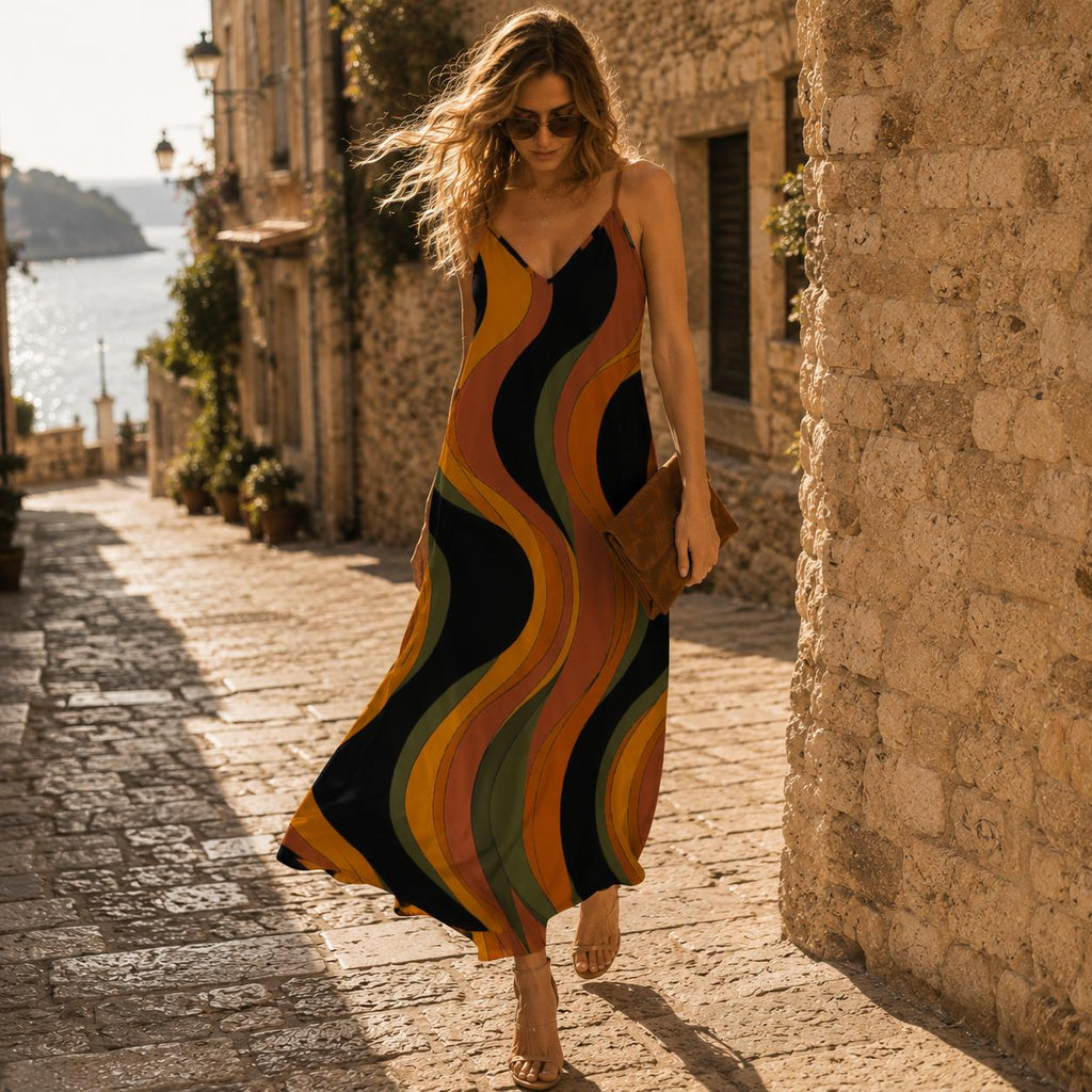 70s Retro Wave Maxi Dress | Abstract Resort Vacation Dress
