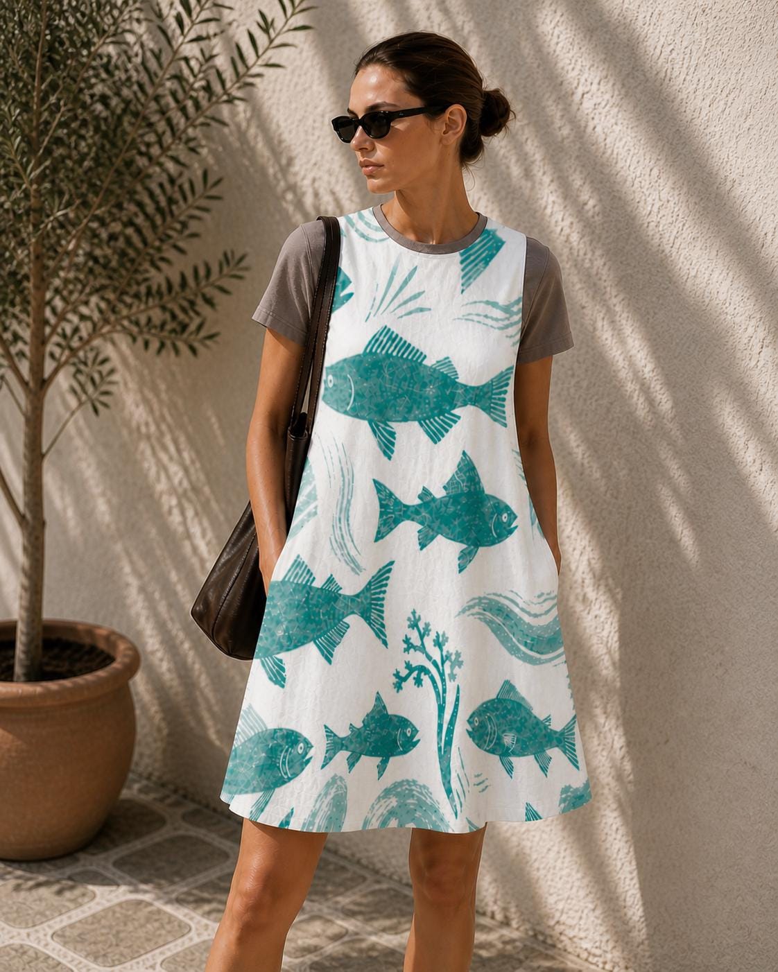 Coastal Fish Pocket Dress | Mediterranean Sleeveless Resort Dress