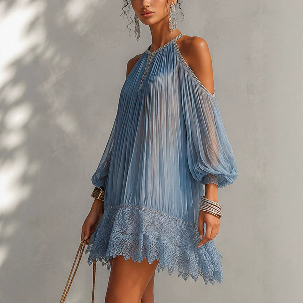 Blue Chiffon Hang-Neck Three-Quarter Sleeve Dress