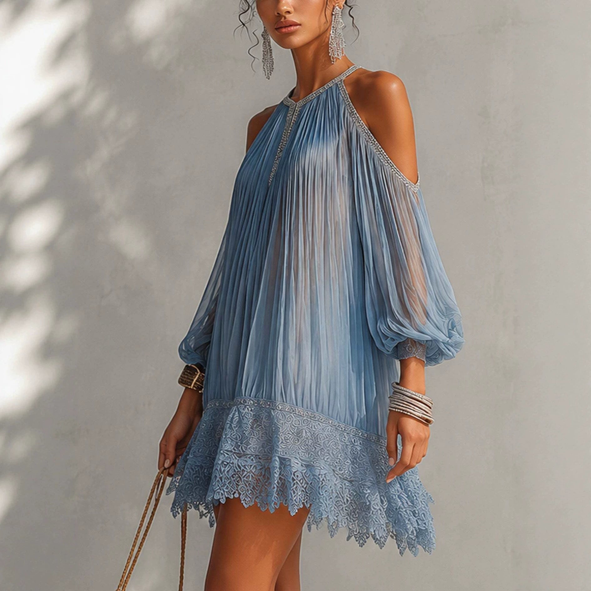 Blue Chiffon Hang-Neck Three-Quarter Sleeve Dress
