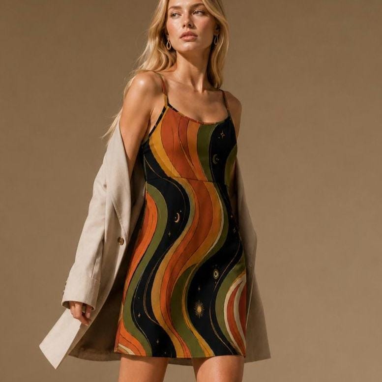 Celestial Retro Mini Dress | Moon Star Spaghetti Strap Sundress
