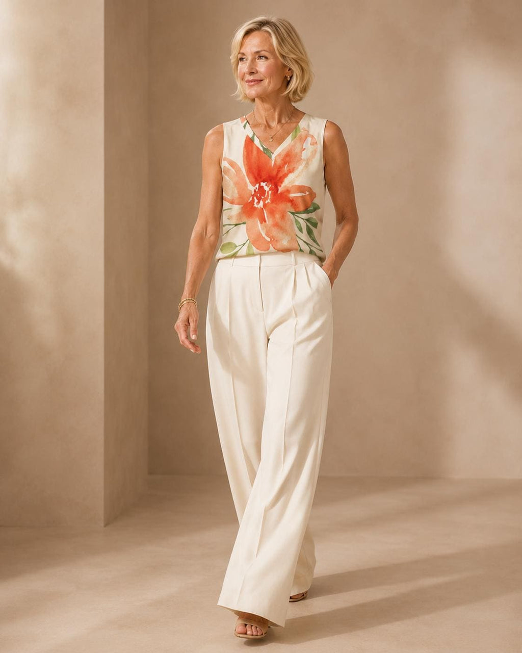 Orange Lily Floral Tank Top | Watercolor V-Neck Vacation Blouse