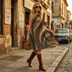 Retro Wave A-Line Midi Dress | Earth Tone Pocket Dress