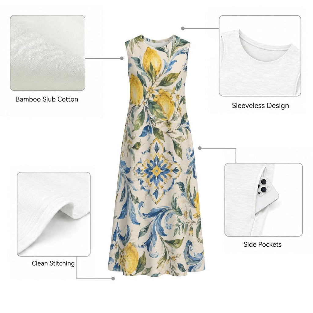 Amalfi Lemon Tile Cotton Midi Dress | Resort Pocket Dress