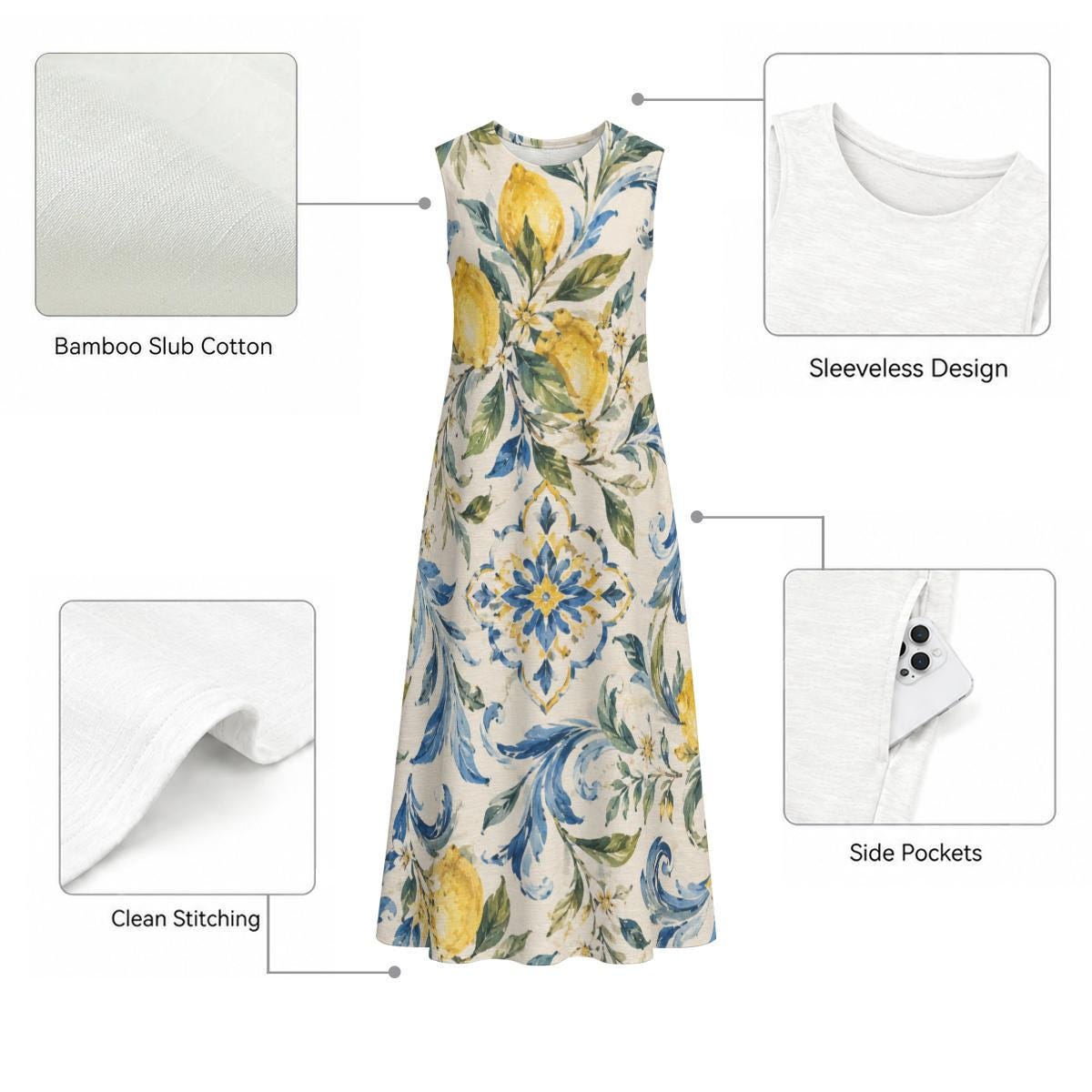 Amalfi Lemon Tile Cotton Midi Dress | Resort Pocket Dress