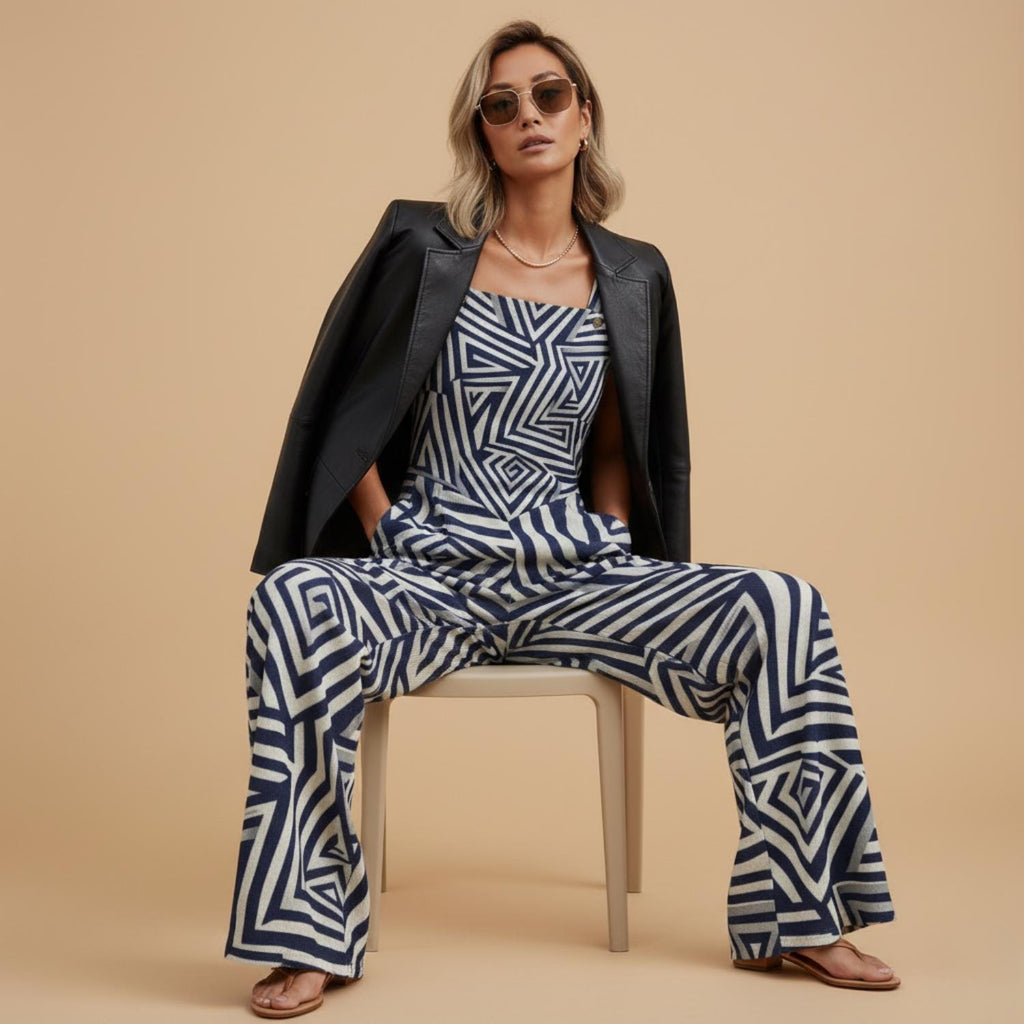 Navy Geometric Wide-Leg Jumpsuit | Modern Art Resort Outfit