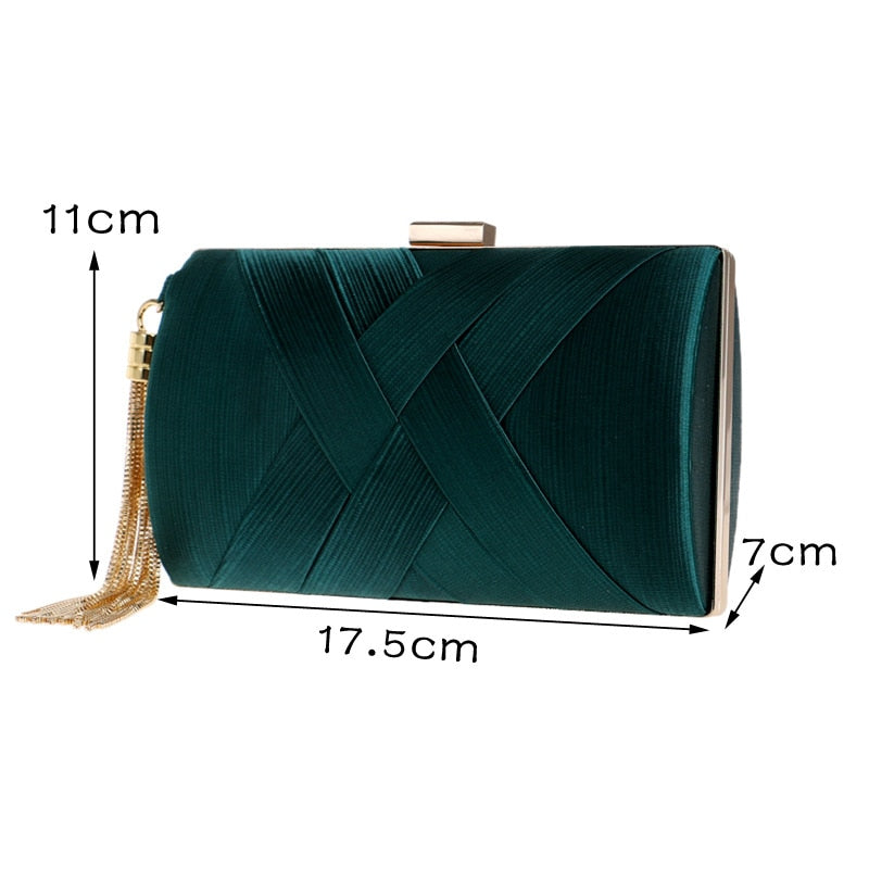 Women's mini tassel chain evening clutch in green, gold, black or silver