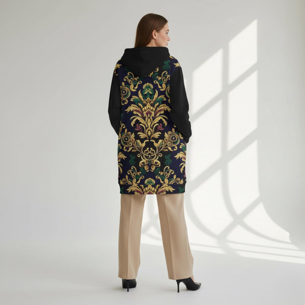 Baroque Long Hooded Coat | Black Gold Statement Zip Jacket