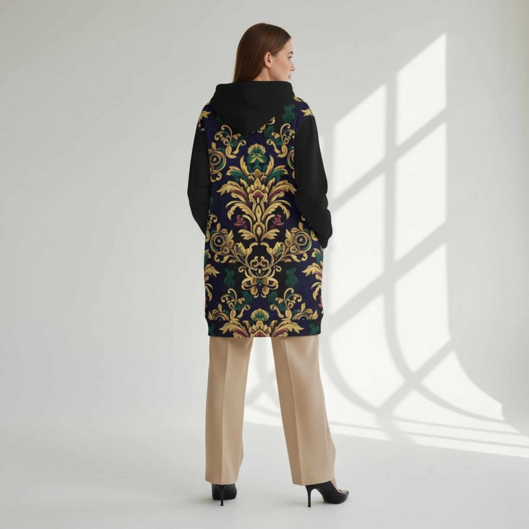 Baroque Long Hooded Coat | Black Gold Statement Zip Jacket