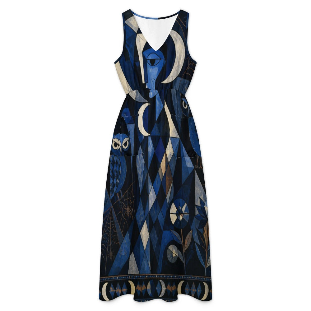 Evil Eye Celestial Maxi Dress with Pockets | Blue V-Neck
