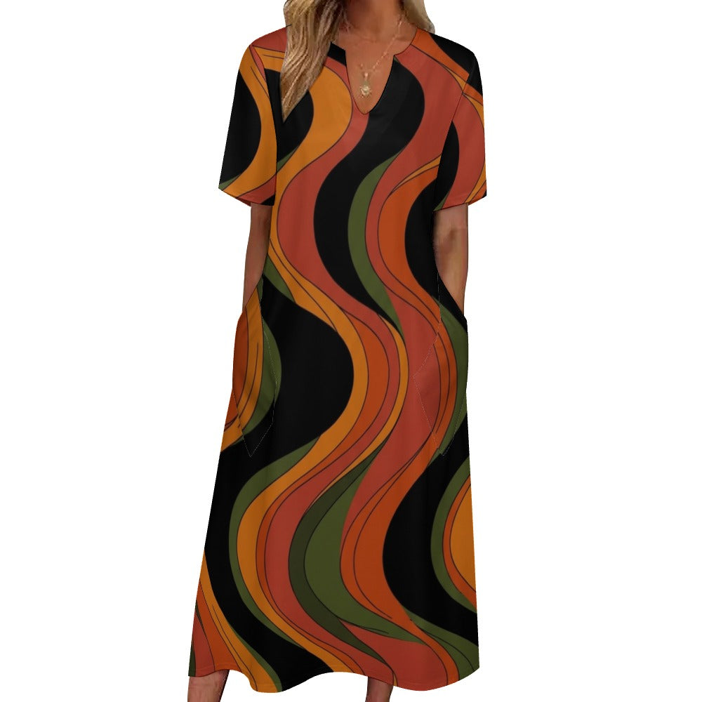 Groovy 70s Maxi Dress, Retro Wave V Neck Dress, Short Sleeve Statement Outfit